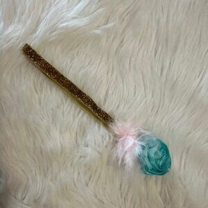 Mint Satin Rolled flower and Pink Feather Puff on Gold Glitter FOE Headband 7631